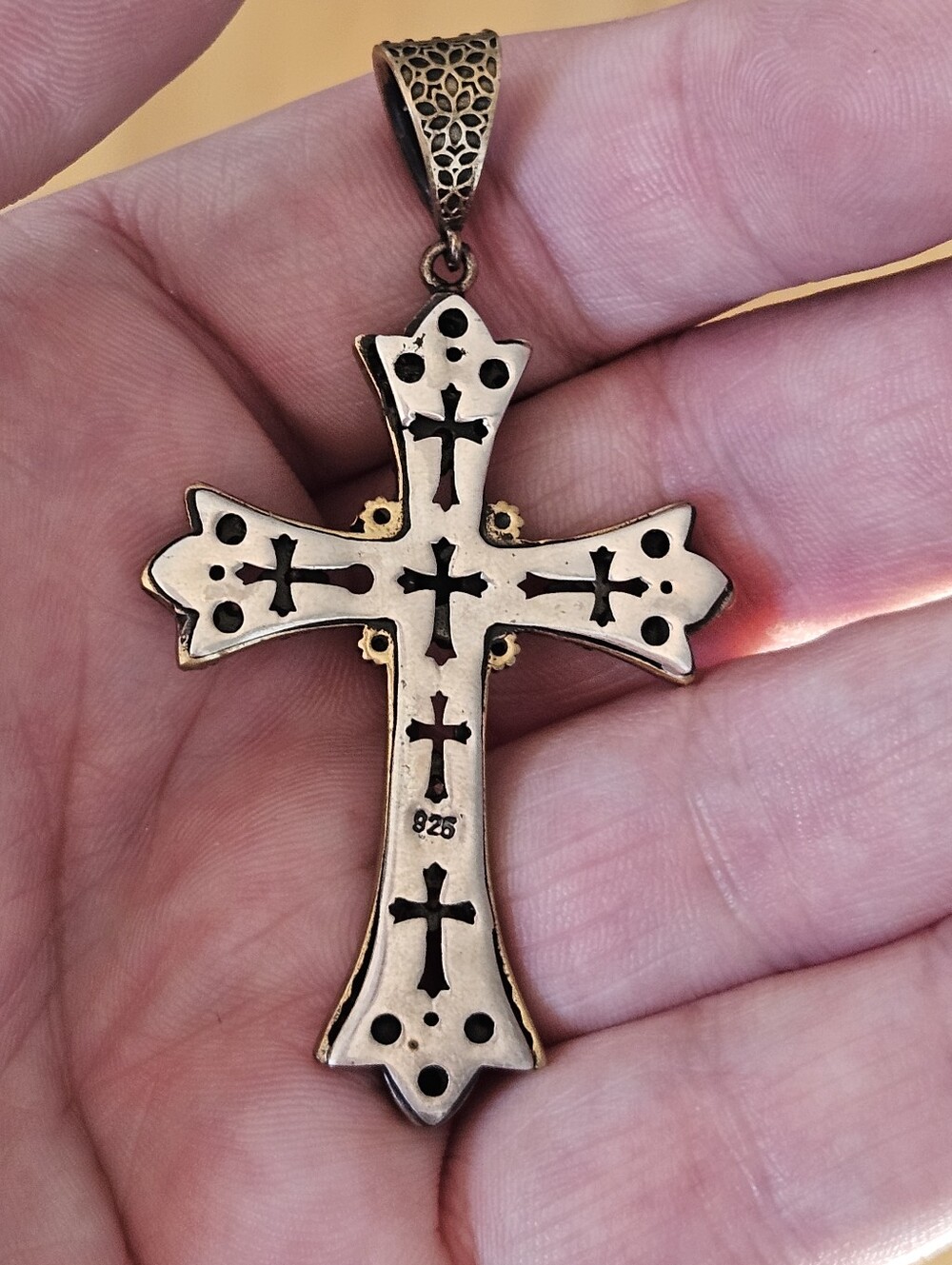 Vintage Two-Tone 925 Sterling Gold Emerald Green Stone Statement Cross Pendant - Picture 2 of 5